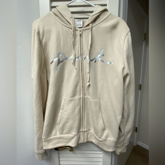 💖🩶PINK Victoria’s Secret • off white zippered hoodie • L - Picture 1 of 5